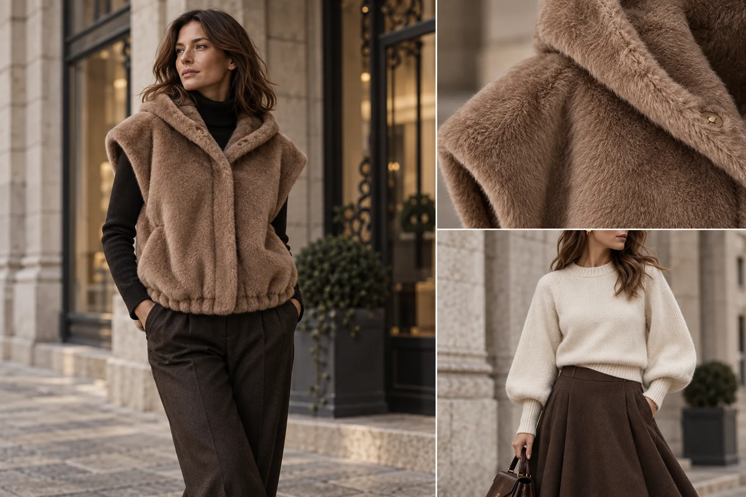 Kunstfell-Weste von Mabrun und Strickpullover von YAYA