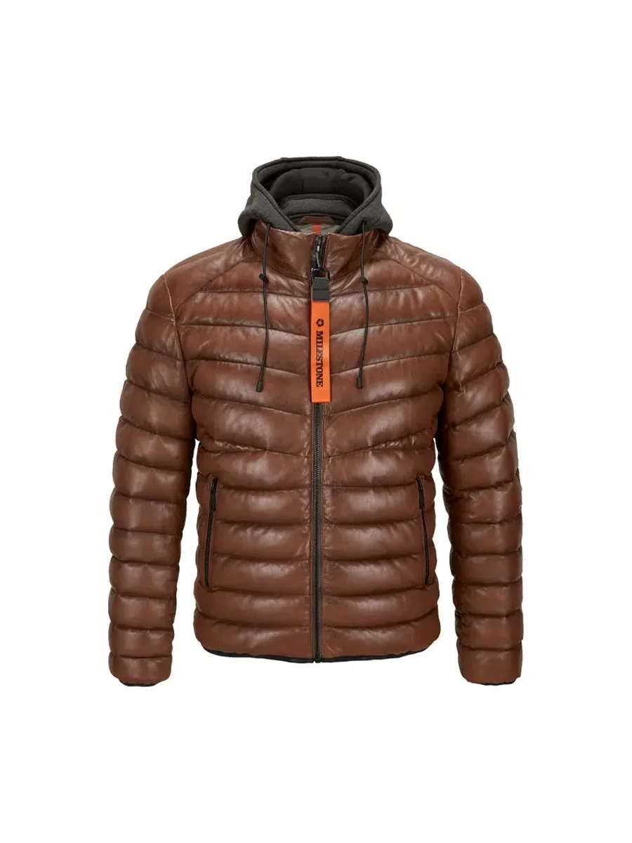 Gesteppte Lederjacke in Cognac mit grauer Kapuze