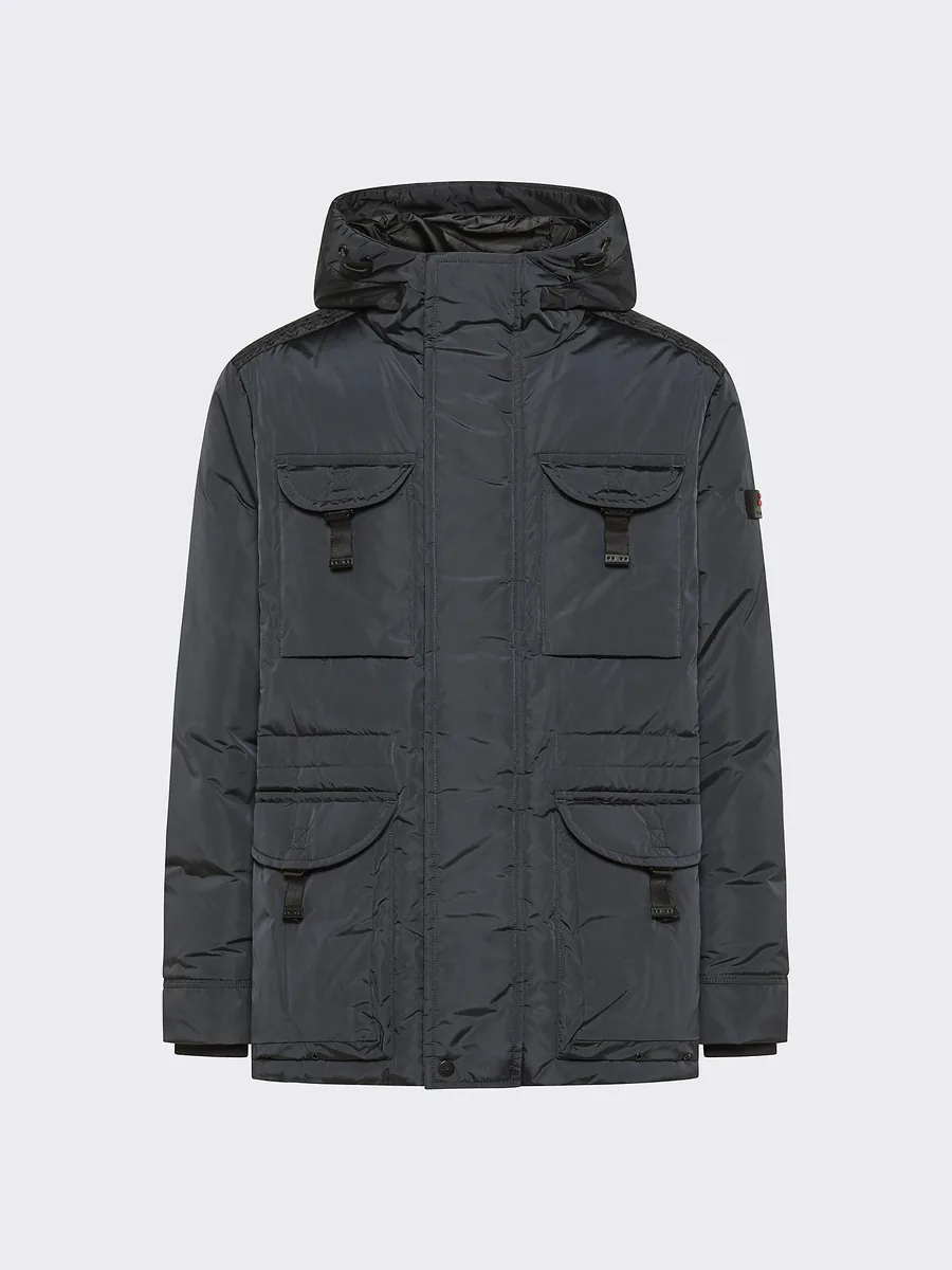 Anthrazitfarbene Daunen-Fieldjacke mit Kapuze